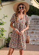 Summer Dress for Women Short Sleeve V Neck Ruffled Floral Swing A-Line Dresses
