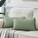Pack of 2 Sage Green Lumbar Decorative Throw Pillow Covers with Pom-poms