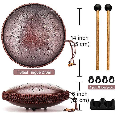 Steel Tongue Drum, 15 Notes 14 inch D-Key Handpan Percussion Instrument - Tank Chakra Drums