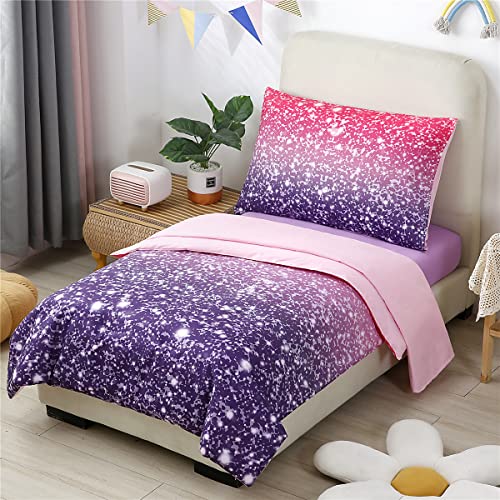 4 Piece Toddler Bedding Set for Girls Pink Purple Glitter Toddler Comforter Set