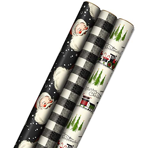 Hallmark Black Christmas Wrapping Paper with Cut Lines on Reverse (3 Rolls: 120 sq. ft. ttl) Retro Santa, Black and White Buffalo Plaid, Train and Trees