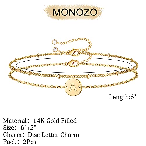 14K Gold Filled Layered Beaded A Letter Initial Bracelet Personalized Disc Charm Bracelet