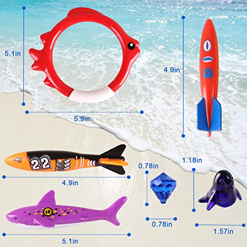 24 Pack Summer Pool Diving Toys for Kids, Fun Swimming Pool Games Sinking Toy Set, Underwater Diving Gifts with Storage Bag Include Torpedo Gems Shark Diving Rings Sea Animals for Boys Girls