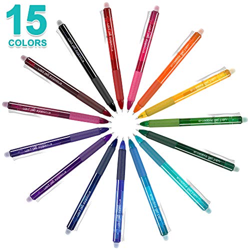 Erasable Gel Pens, 15 Colors Lineon Retractable Erasable Pens Clicker, Fine Point