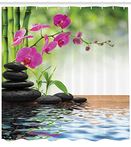 Ambesonne Spa Shower Curtain, Composition Bamboo Tree Floor Mat Orchid Stones