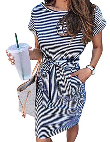 Women's Summer Striped Short Sleeve T Shirt Dress Casual Midi Dress