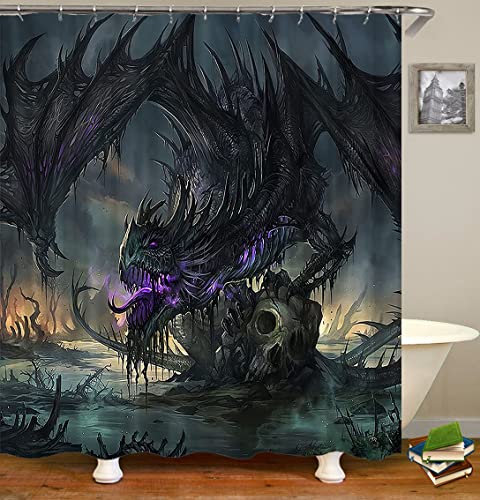 4PCS/Set Gothic Dragon Shower Curtain, Magic Mythical Creature Horror Black Dragon