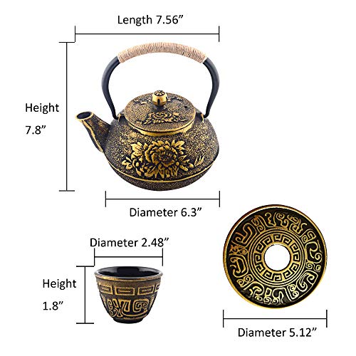 6-piece Japanese Cast Iron Pot Tea Set with Trivet, Golden Peony (40 oz)