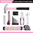 WORKPRO 12V Pink Cordless Drill and Home Tool Kit, 61 Pieces Hand Tool for DIY, Home Maintenance, 14-inch Storage Bag Included - Pink Ribbon