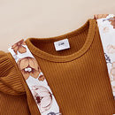 Newborn Infant Baby Girl Ruffle Long Sleeve Ribbed T-Shirt Top Floral Suspender Shorts