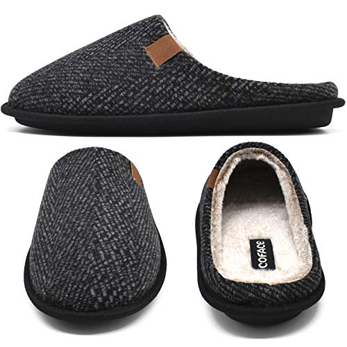 Mens Black Woolen Cozy Memory Foam scuff Slippers Slip On Warm House Shoes