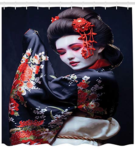 Lunarable Japan Shower Curtain, Young Geisha in Kimono with Sakura Traditional