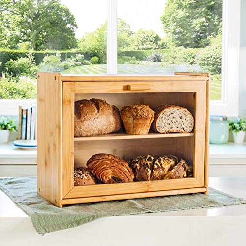 Bamboo Bread Box for Kitchen Counter - Double Layer Bread Storage with Clear Windows