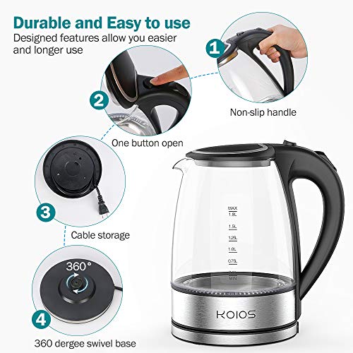 KOIOS Electric Kettle 1.8L Hot Water Boiler Teapot & Glass Tea Kettle with LED