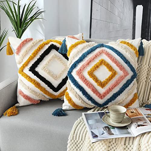 Boho Throw Pillow Covers 18x18, Woven Tufted Decorative Pillow Covers