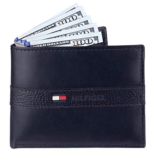 Tommy Hilfiger Men's Leather Wallet – Slim Bifold with 6 Credit Card Pockets and Removable Id Window, Navy, One Size