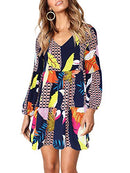 Women's V Neck Bishop Sleeves Soft Loose Tunic Fall Dress Geometry M