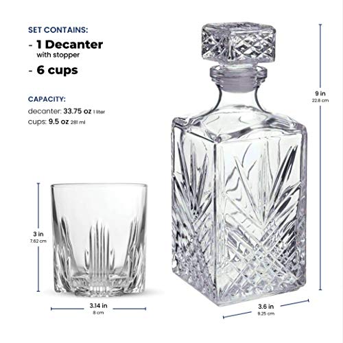 7-Piece Italian Crafted Glass Decanter & Whisky Glasses Set,6 Exquisite Cocktail Glasses