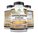 Organic Ashwagandha 2,100 mg - 100 Vegan Capsules Pure Organic Ashwagandha Powder