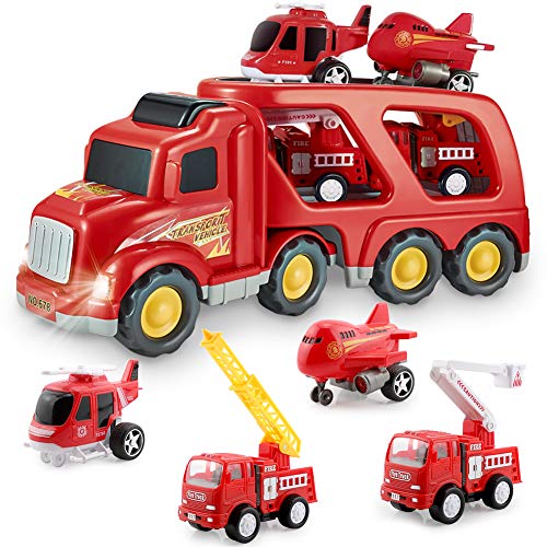 Fire Truck Car Toys Set, Friction Powered Car Carrier Trailer with Sound and Light
