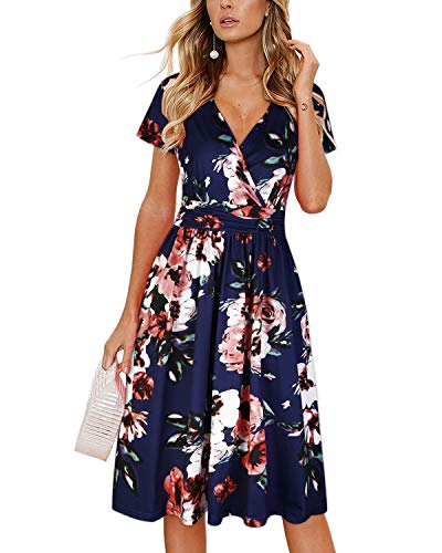 Women's Summer Short Sleeve V-Neck Pattern Knee Length Dress