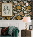 Vintage Large Floral Peel and Stick Wallpaper Removable Daisy Leaf Black