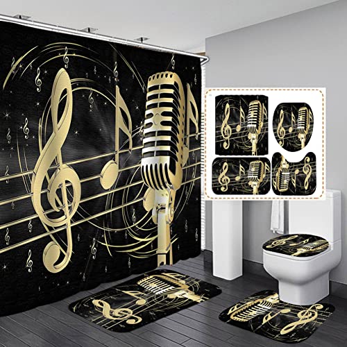 4PCS Music Shower Curtain Set, Musical Notes Luxury Modern Bathroom Decor, Waterproof Fabric