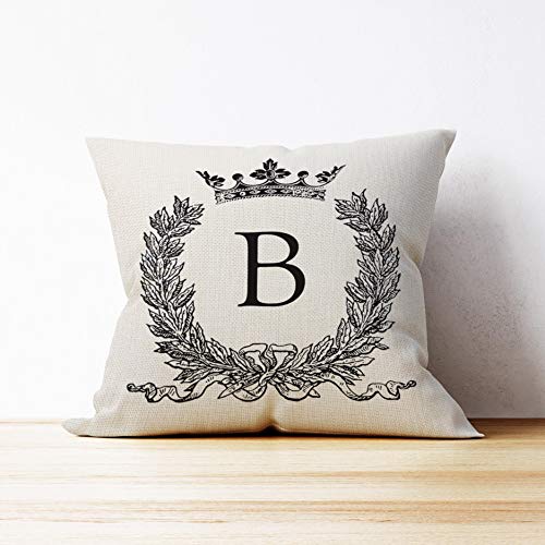 English Alphabet B Throw Pillow Cover, Monogram Crown Cotton Linen Cushion