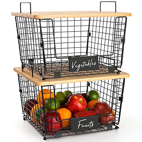 2 Set Kitchen Counter Basket with Bamboo Top - Pantry Cabinet Organization and Storage Wire Basket