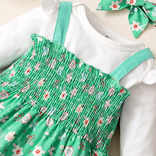 Infant Girl Birthday Dress Suspender Print Skirt Long Sleeve Bodysuits Green 6M