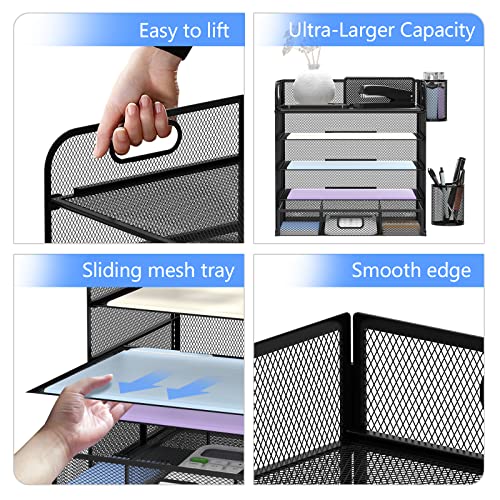 5-Trays Desktop File Organizer with Handle, Letter Tray Paper Organizer with Drawer and Pen Holders