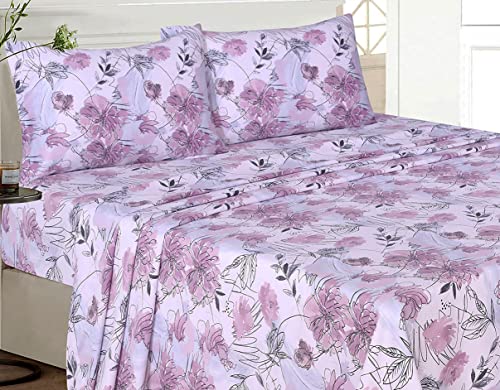 100% Cotton Bed Sheets, 4 Pcs Bed Sets, Pink Floral Print Queen Size Sheets Set