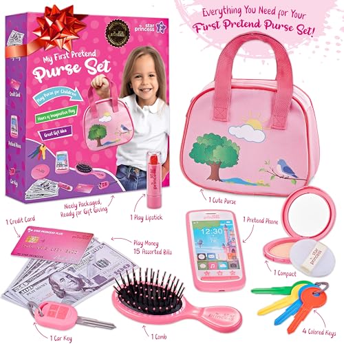 Toddler Play Purse for Kids Ages 3-5 4-5, Purse Toys with Pretend Makeup, Keys, Smartphone