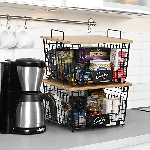 2 Set Kitchen Counter Basket with Bamboo Top - Pantry Cabinet Organization and Storage Wire Basket