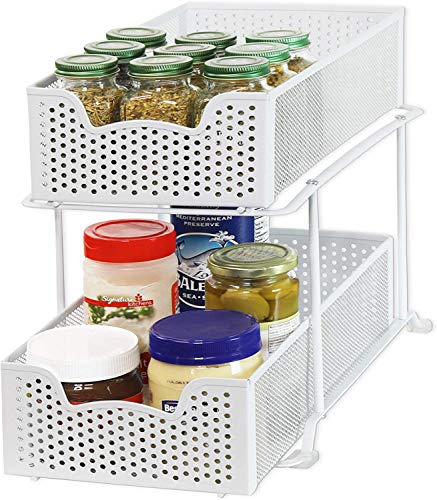 2 Tier Sliding Cabinet Basket Organizer Drawer, White