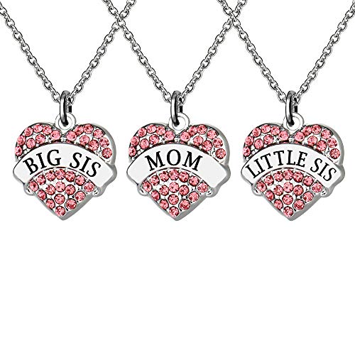 Pink Color Rhinestone Heart Shape Pendant Necklace for Mother Daughter 3 PCS