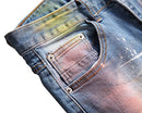 Men's Casual Color Printed Ripped Distressed Jeans Skinny Denim Pants