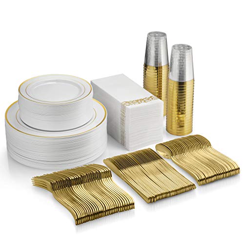 350 Piece Gold Dinnerware Set - 50 Guest Disposable Gold Dinnerware Set