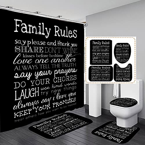 4PCS/Set Family Rules Black Shower Curtain, White Letters Inspirational Quotes