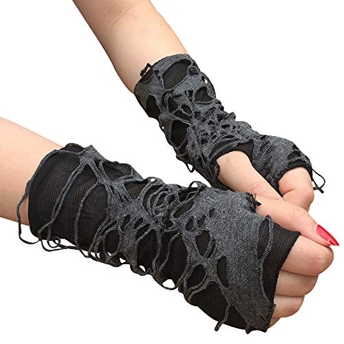 Women's Punk Fingerless Glove Cosplay Ripped Gloves for Halloween Costume Party