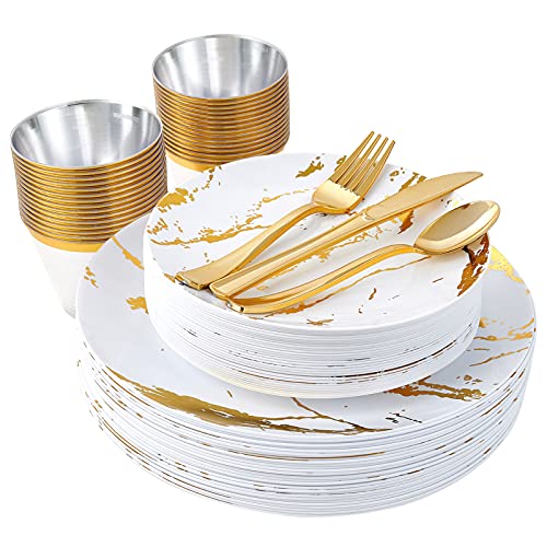 180PCS Disposable Dinnerware Set 30 Guest - 60 white And Gold Plastic Plates