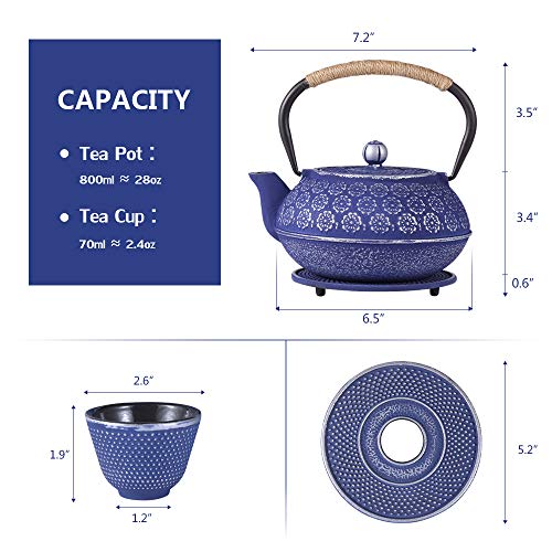 Ufine Blue Floral Cast Iron Teapot Set Japanese Style Tetsubin Tea Kettle with 4 Cups, Stainless Steel Infuser for Stove Top Tea Brewing 28 oz