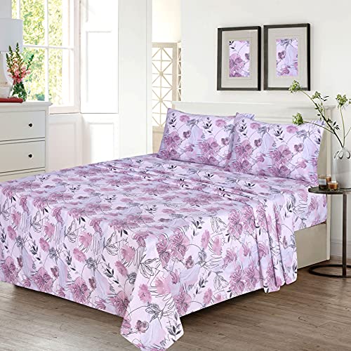 100% Cotton Bed Sheets, 4 Pcs Bed Sets, Pink Floral Print Queen Size Sheets Set