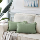 Pack of 2 Sage Green Lumbar Decorative Throw Pillow Covers with Pom-poms