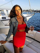 Women's Ruched Cami Crop Top Bodycon Skirt 2 Piece Outfits Dress Red