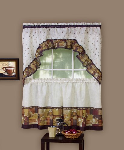 Achim Home Furnishings - CFTS36BW12 Coffee Tier and Swag Window Treatment Set, 57" x 36", Brown