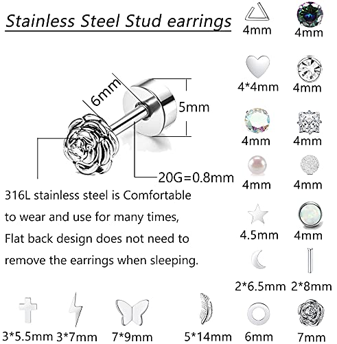 18 Pairs Cartilage Stud Earrings Set for Women Men Star Triangle Moon Heart Disc Ball CZ Small Stainless Steel Stud Earrings Geometric Barbell Flatback Earrings Piercing Set (Silver)