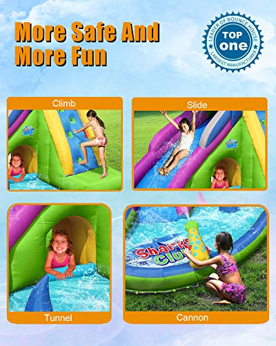 Inflatable Waterslide, Shark Bounce House with Slide for Wet and Dry