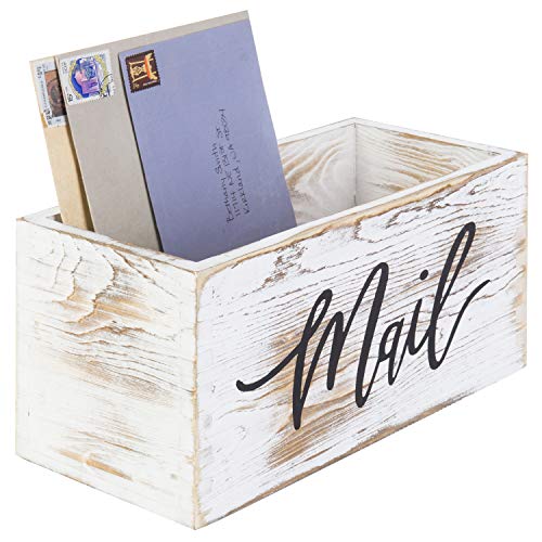 MyGift Whitewashed Wood Mail Holder Storage Box, Desktop Organizer Bin with Mail Script Design