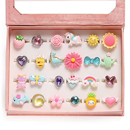 Little Girl Jewel Rings in Box, Adjustable, No Duplication, Girl Pretend Play and Dress Up